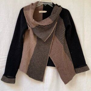 A Ida  Knit Sweater Cardigan Womens Small Cowl Neck Wrap Wool Color Block Office